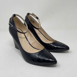 Nine West Black Croc-Embossed Pointed Toe Wedge Heels with Ankle Strap